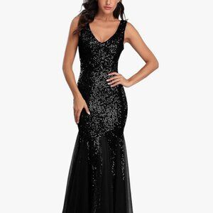 A ARFAR Sequin Dress Tulle Party Dress for Women (Black, 2XL)